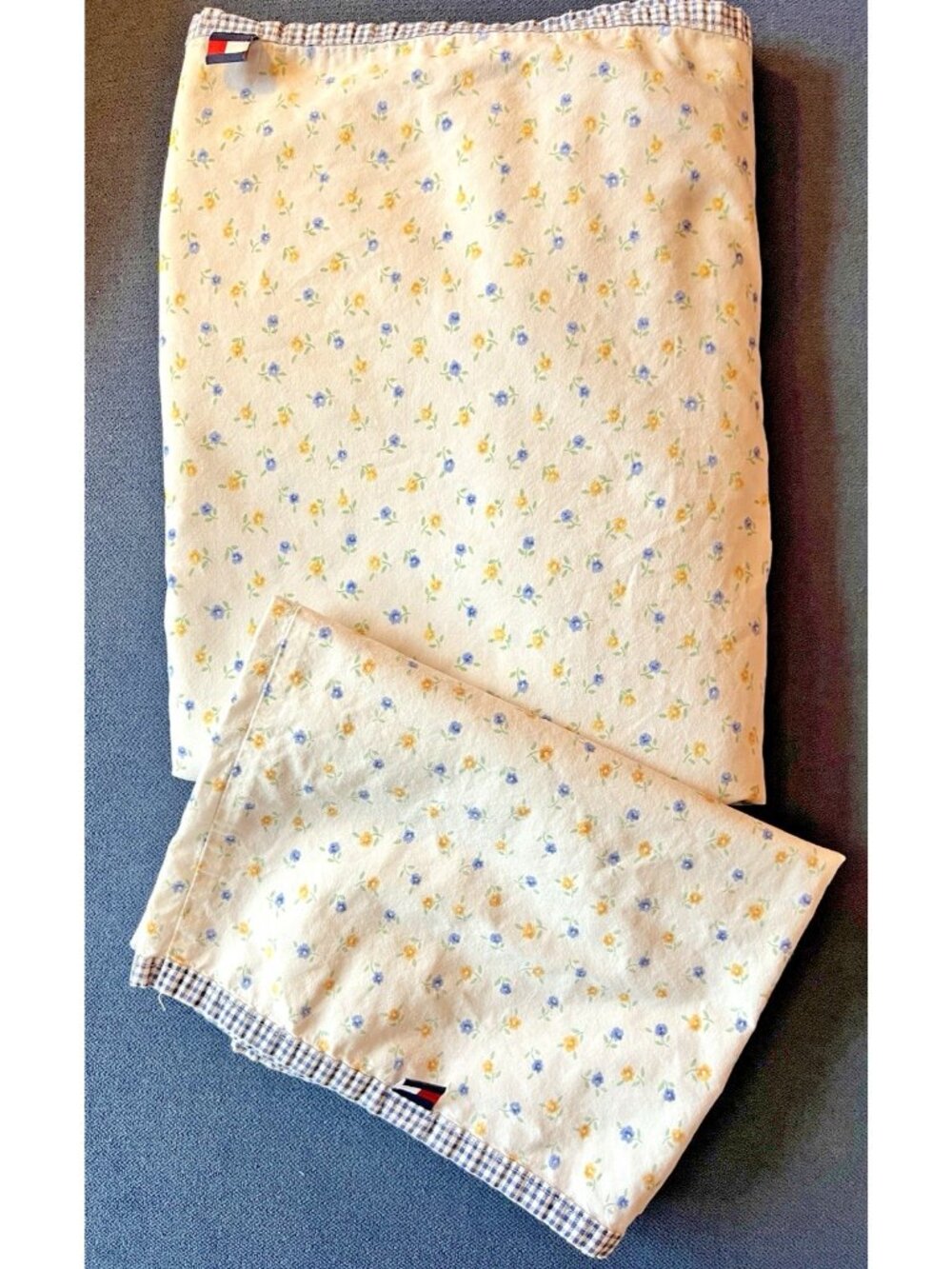 Tommy Hilfiger TWIN Sheet Set Pillowcase FLORAL Blue Yellow Gingham 100% Cotton